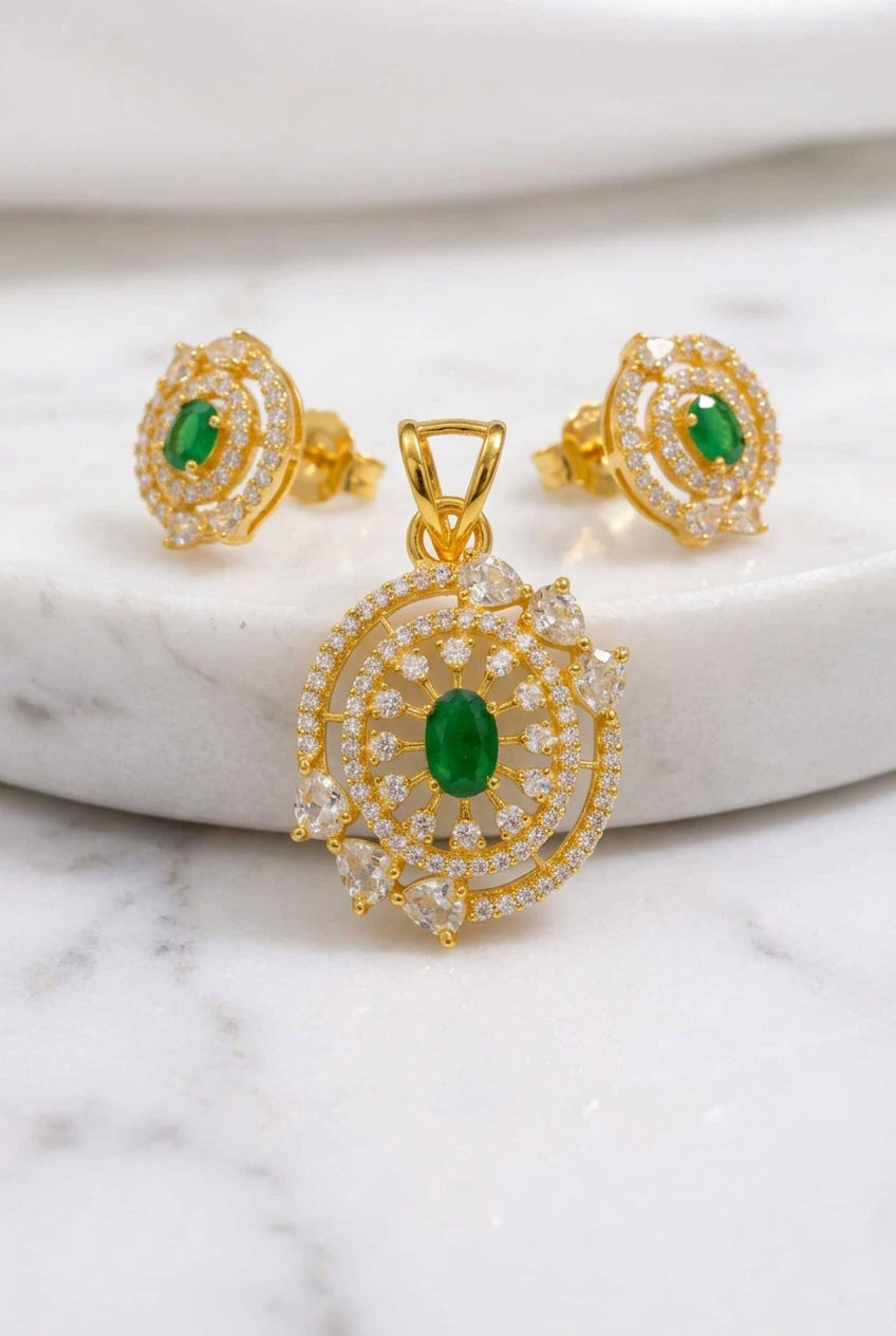 Elegant Emerald & CZ Gold-Plated Pendant and Earring Set | Radiant Oval Green Stone Jewelry