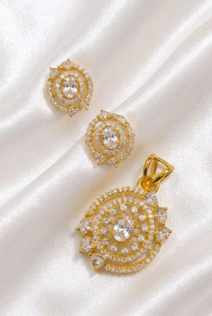 Dazzling Clear CZ Gold-Plated Pendant Set | Pristine White Oval Stone Jewelry with Stud Earrings