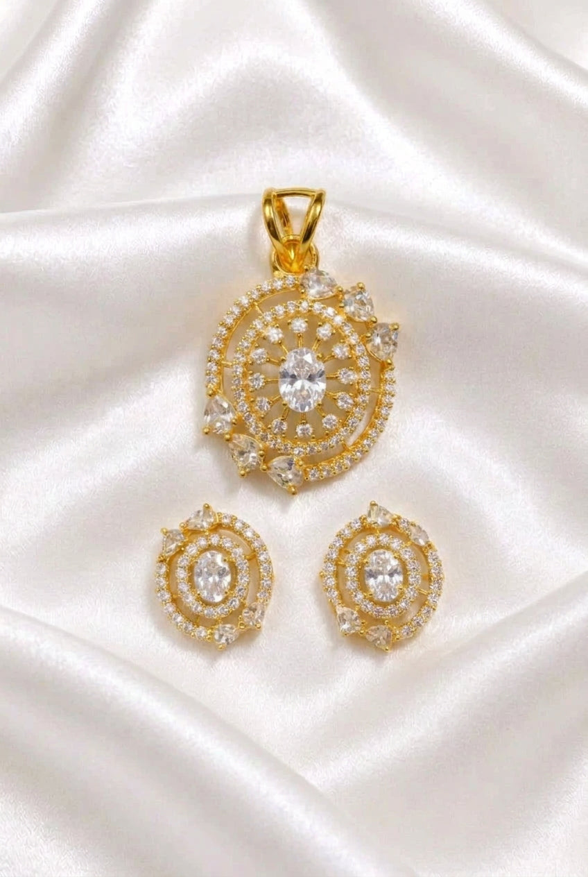 Dazzling Clear CZ Gold-Plated Pendant Set | Pristine White Oval Stone Jewelry with Stud Earrings