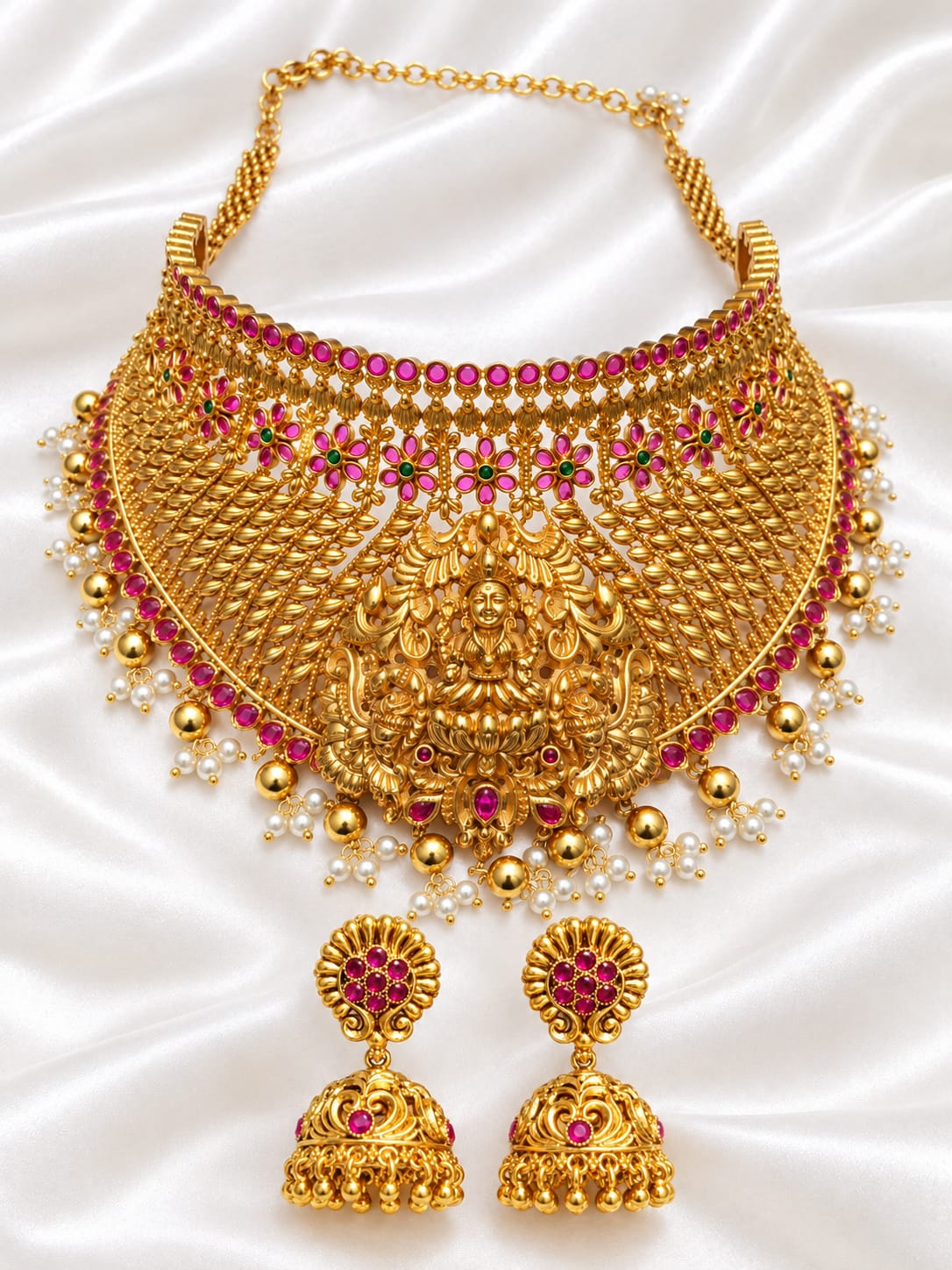 Antique Gold Finish Goddess Lakshmi Temple Choker Necklace & Jhumka Earrings Set
