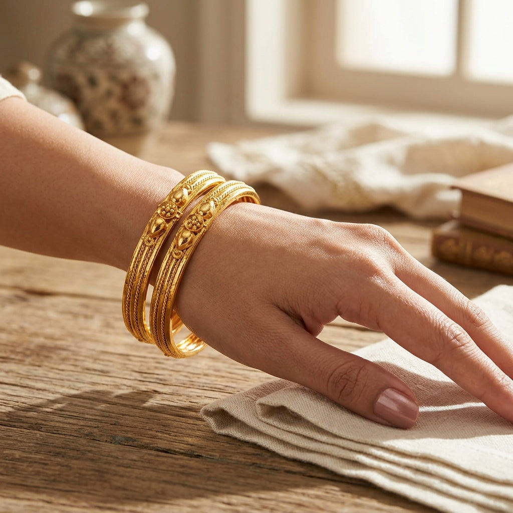 Classic Textured Gold Finish Fixed Bangles with Floral Center Cluster (Set of 2)