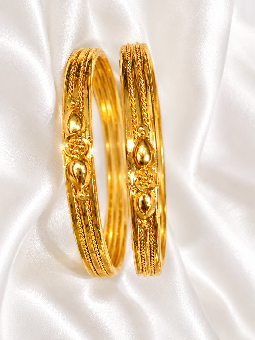 Classic Textured Gold Finish Fixed Bangles with Floral Center Cluster (Set of 2)