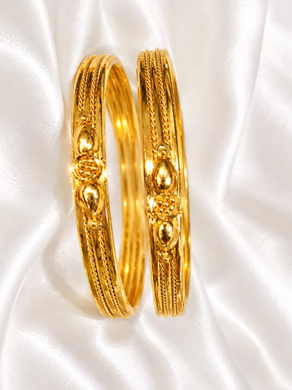 Classic Textured Gold Finish Fixed Bangles with Floral Center Cluster (Set of 2)