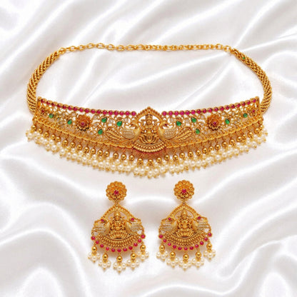 Antique Gold Temple Jewelry Goddess Lakshmi Choker Set with Earring