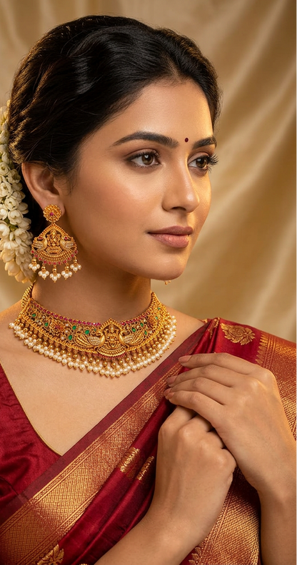 Antique Gold Temple Jewelry Goddess Lakshmi Choker Set with Earring
