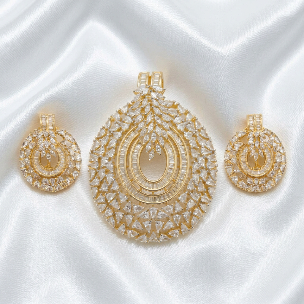 Gold Plated Sparkling CZ Diamond Statement Round Pendant & Earrings Set