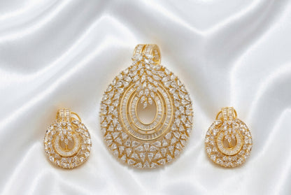 Gold Plated Sparkling CZ Diamond Statement Round Pendant & Earrings Set