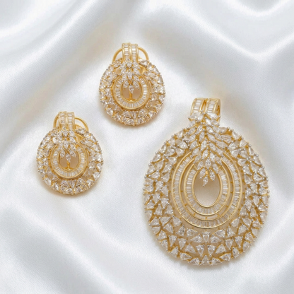 Gold Plated Sparkling CZ Diamond Statement Round Pendant & Earrings Set