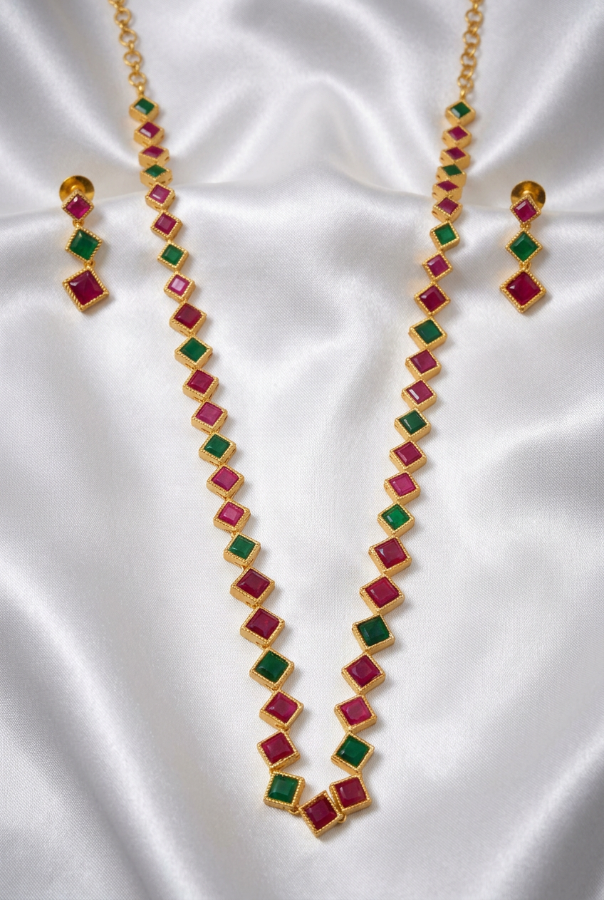 Gold Plated Ruby & Emerald Kemp Square Stone Long Haram Set