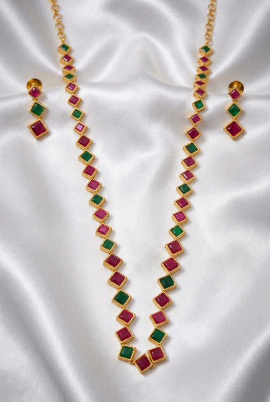 Gold Plated Ruby & Emerald Kemp Square Stone Long Haram Set