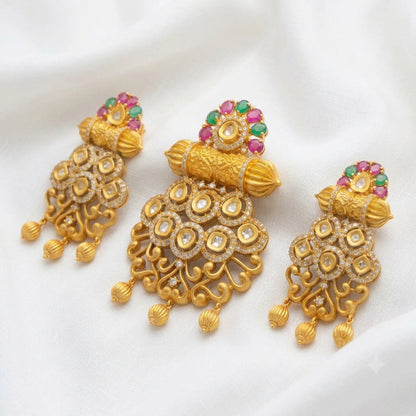 Traditional Gold-Plated CZ, Ruby & Emerald Pendant with Matching Statement Earrings Set