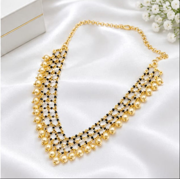Elegant Gold Finish Mesh Black Bead Mangalsutra Necklace with Golden Pearl Drops