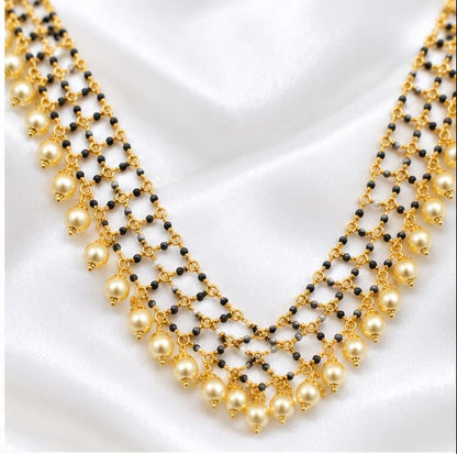 Elegant Gold Finish Mesh Black Bead Mangalsutra Necklace with Golden Pearl Drops