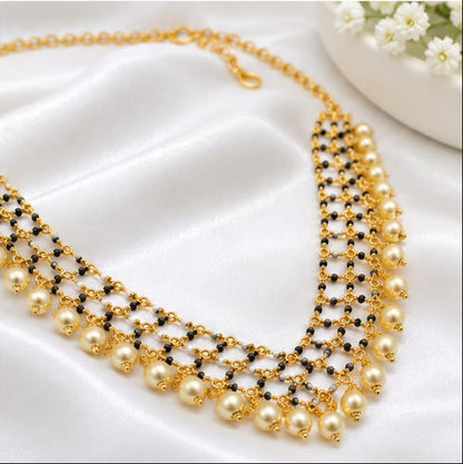 Elegant Gold Finish Mesh Black Bead Mangalsutra Necklace with Golden Pearl Drops