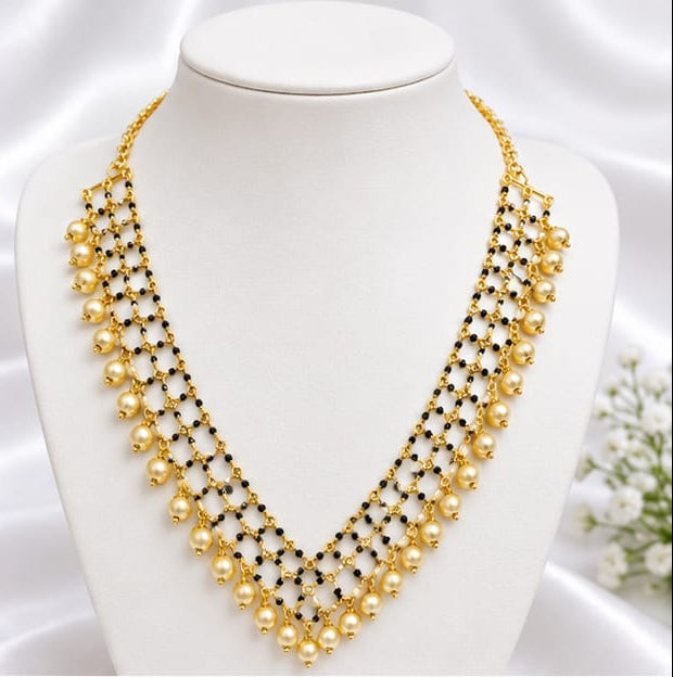Elegant Gold Finish Mesh Black Bead Mangalsutra Necklace with Golden Pearl Drops