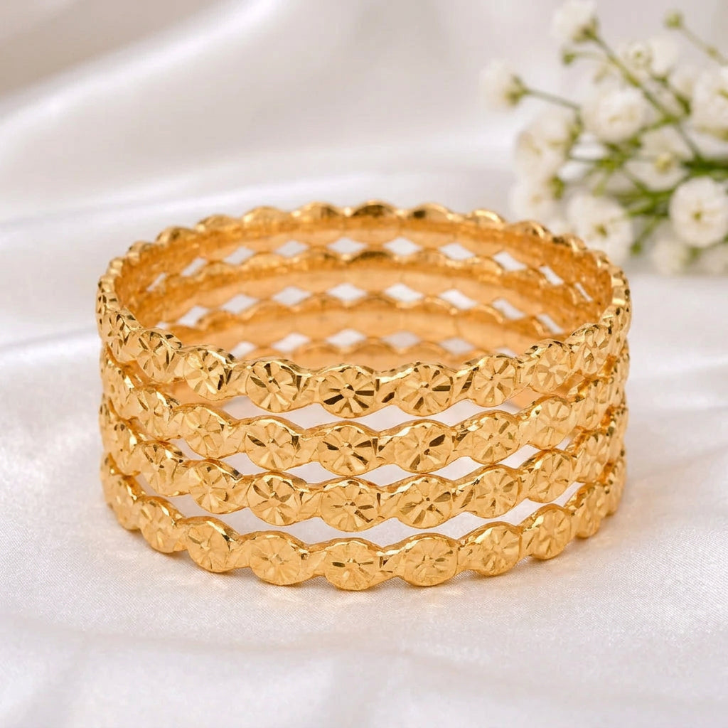 Traditional Gold-Plated Laser Diamond-Cut Floral Thin Bangles (Set of 4)
