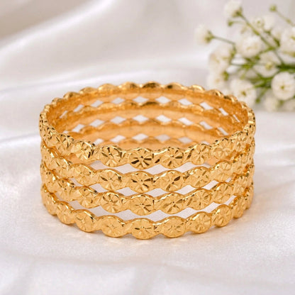 Traditional Gold-Plated Laser Diamond-Cut Floral Thin Bangles (Set of 4)
