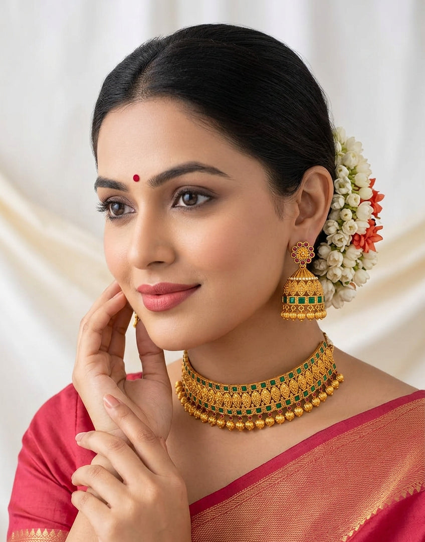 South Indian Antique Gold Choker Set with Green Stones & Matching Jhumki Earrings