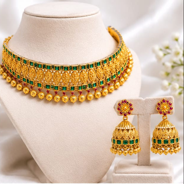 South Indian Antique Gold Choker Set with Green Stones & Matching Jhumki Earrings