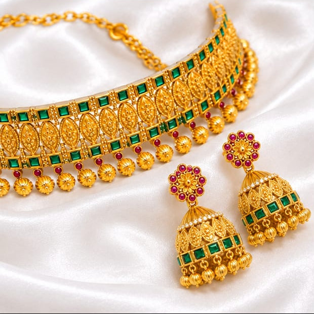 South Indian Antique Gold Choker Set with Green Stones & Matching Jhumki Earrings