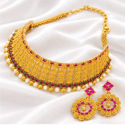 Traditional Gold Plated Kemp & Pearl Choker Necklace Set with Matching Statement Earrings