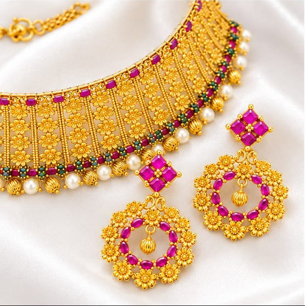 Traditional Gold Plated Kemp & Pearl Choker Necklace Set with Matching Statement Earrings