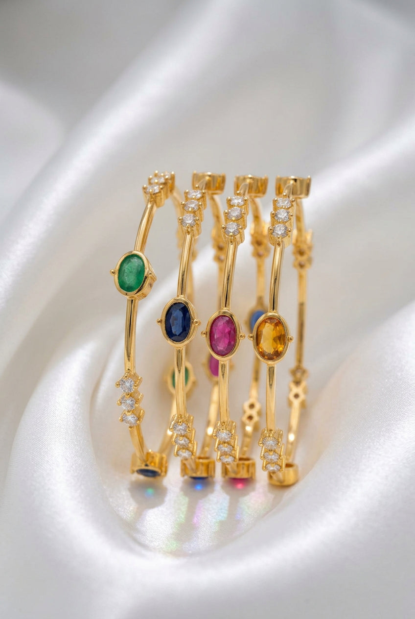 Multi-Color Gemstone Gold Plated Fixed Bangles – Dual Band Oval Stone & CZ Bangle Set