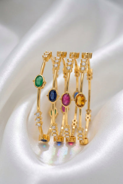 Multi-Color Gemstone Gold Plated Fixed Bangles – Dual Band Oval Stone & CZ Bangle Set