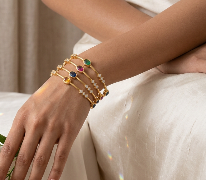 Multi-Color Gemstone Gold Plated Fixed Bangles – Dual Band Oval Stone & CZ Bangle Set