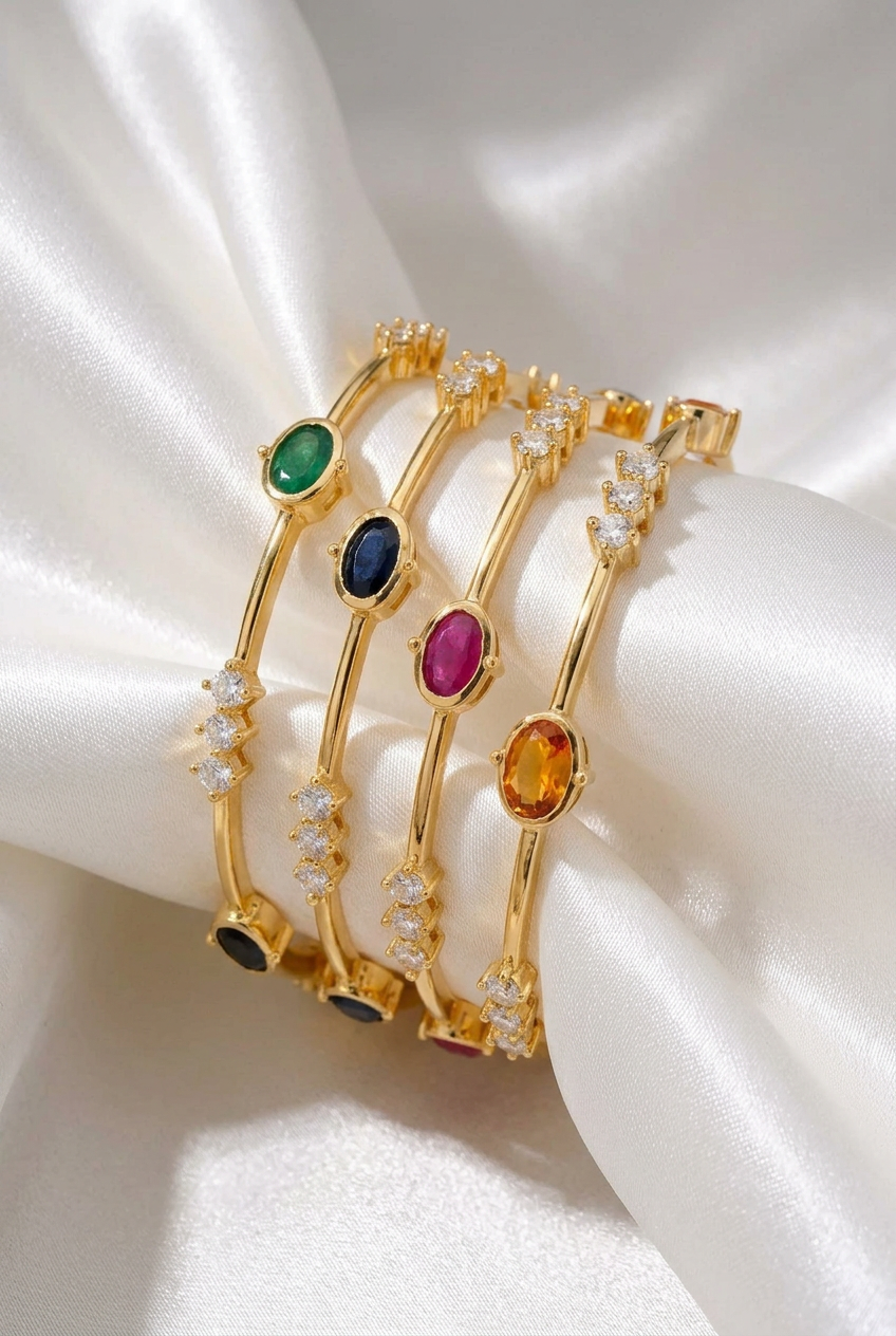 Multi-Color Gemstone Gold Plated Fixed Bangles – Dual Band Oval Stone & CZ Bangle Set