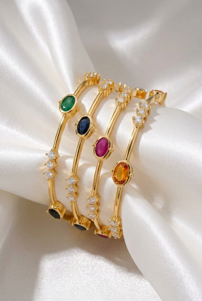 Multi-Color Gemstone Gold Plated Fixed Bangles – Dual Band Oval Stone & CZ Bangle Set