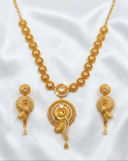 Antique Gold Finish CZ & Kundan Peacock Pendant Necklace Set | Indian Bridal & Festival Jewelry