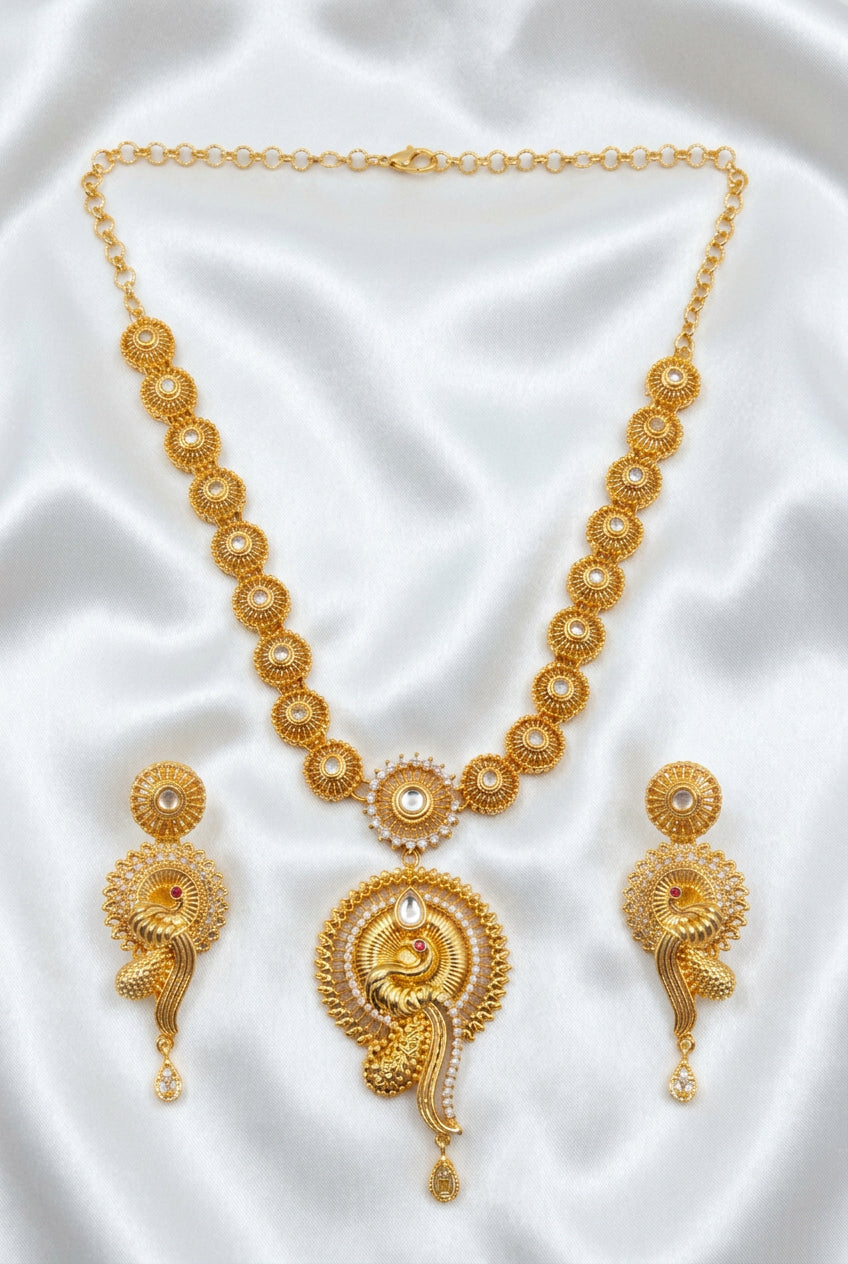 Antique Gold Finish CZ & Kundan Peacock Pendant Necklace Set | Indian Bridal & Festival Jewelry
