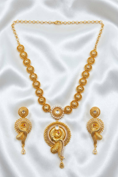 Antique Gold Finish CZ & Kundan Peacock Pendant Necklace Set | Indian Bridal & Festival Jewelry