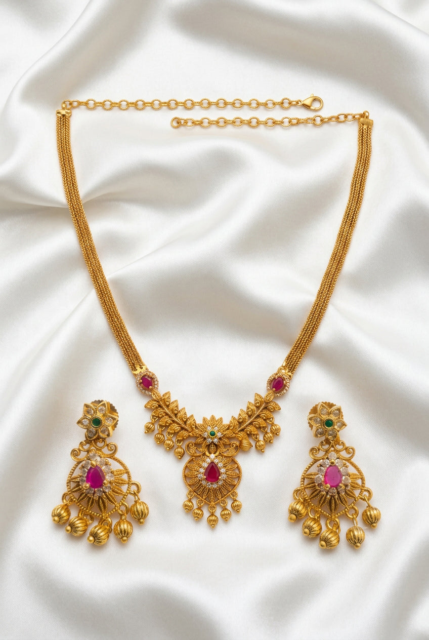 Antique Gold Finish Floral CZ & Kemp Stone Necklace Set with Matching Jhumkas / Earrings