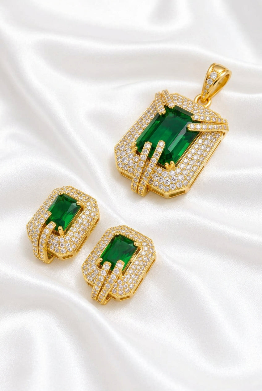 Radiant Emerald-Cut Green Stone & Cubic Zirconia Gold-Plated Pendant and Earrings Set