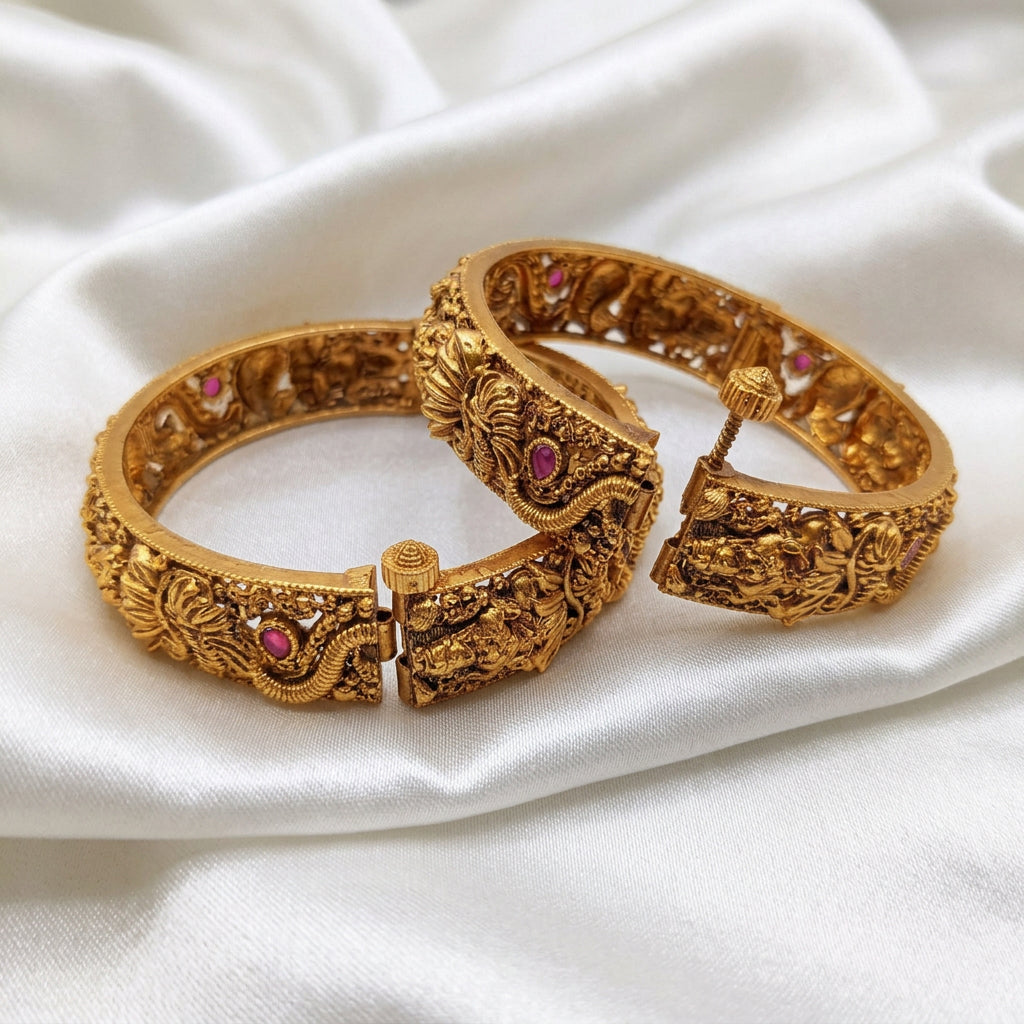 Traditional Antique Gold Plated Peacock & Floral Screw Openable Kada Bangles Set (Pair)