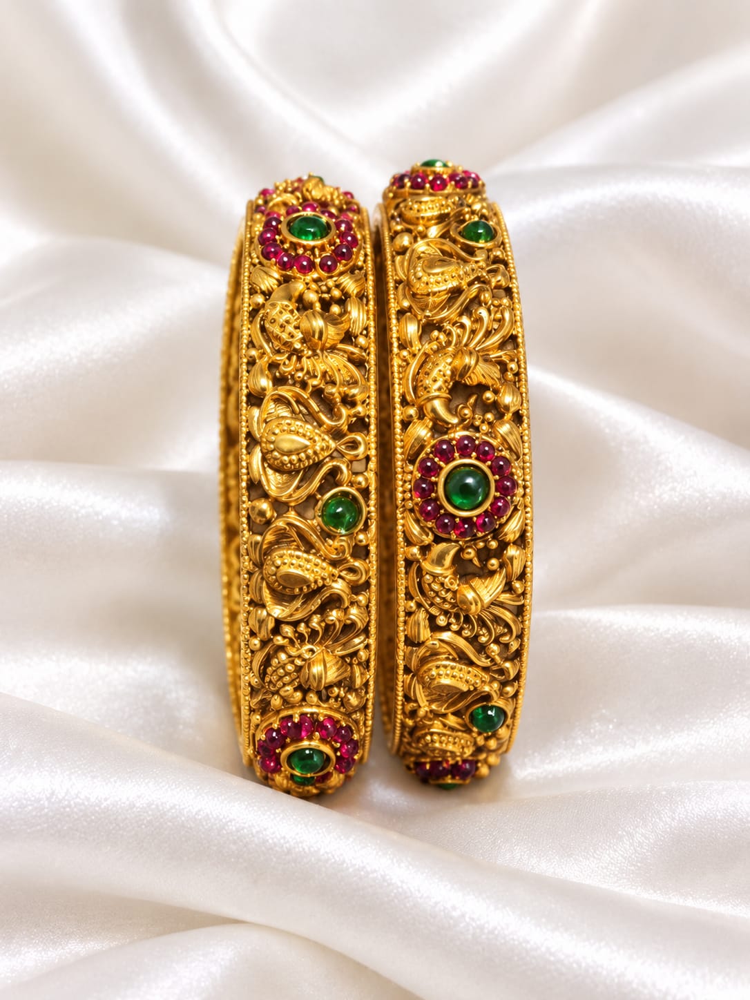 Antique Gold Plated Peacock & Floral Openable Kada Bangles with Ruby & Emerald Kemp Stones (Pair)