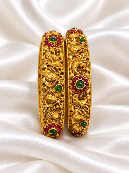 Antique Gold Plated Peacock & Floral Openable Kada Bangles with Ruby & Emerald Kemp Stones (Pair)