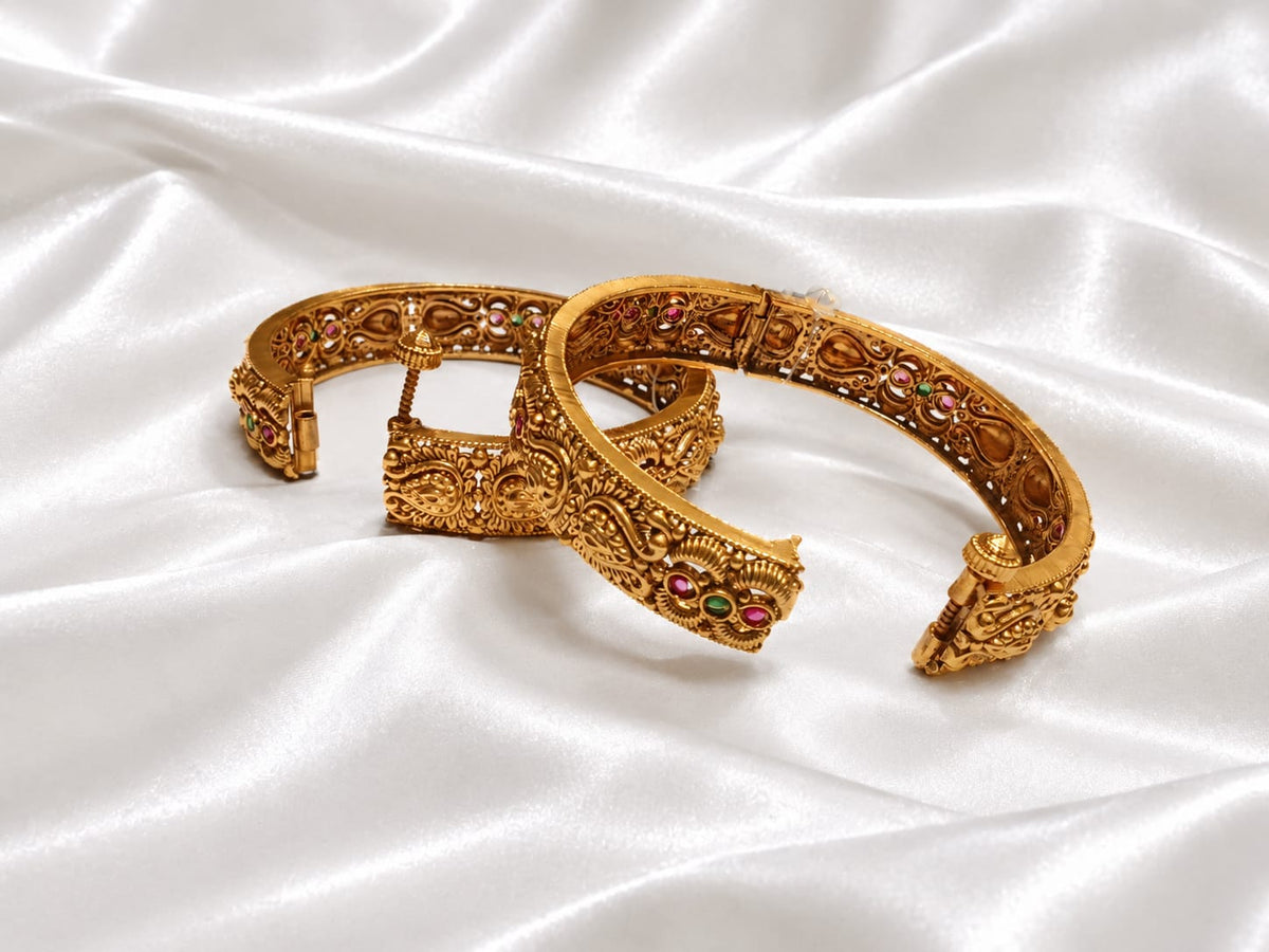 Traditional Antique Gold Plated Paisley & Floral Screw Openable Kada Bangles Set (Pair)