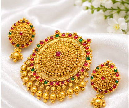 Traditional Antique Gold Plated Floral Mandala Kemp Stone Pendant Set with Matching Earrings