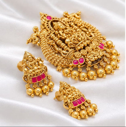Divine Antique Gold Plated Goddess Lakshmi Temple Pendant Set with Matching Earrings