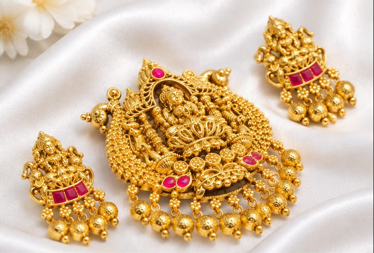 Divine Antique Gold Plated Goddess Lakshmi Temple Pendant Set with Matching Earrings