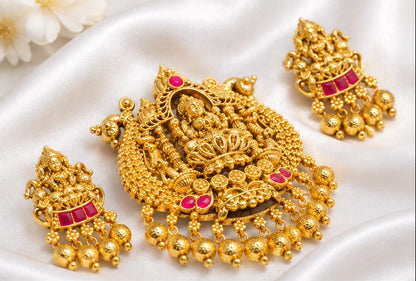 Divine Antique Gold Plated Goddess Lakshmi Temple Pendant Set with Matching Earrings
