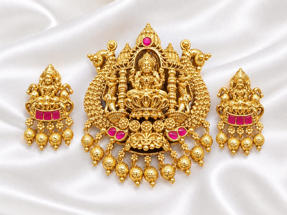 Divine Antique Gold Plated Goddess Lakshmi Temple Pendant Set with Matching Earrings
