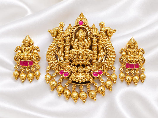 Divine Antique Gold Plated Goddess Lakshmi Temple Pendant Set with Matching Earrings