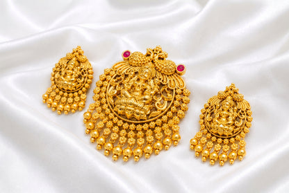 Antique Gold Lakshmi Pendant Set with Matching Earrings – Pink & Green Stone Temple Jewellery