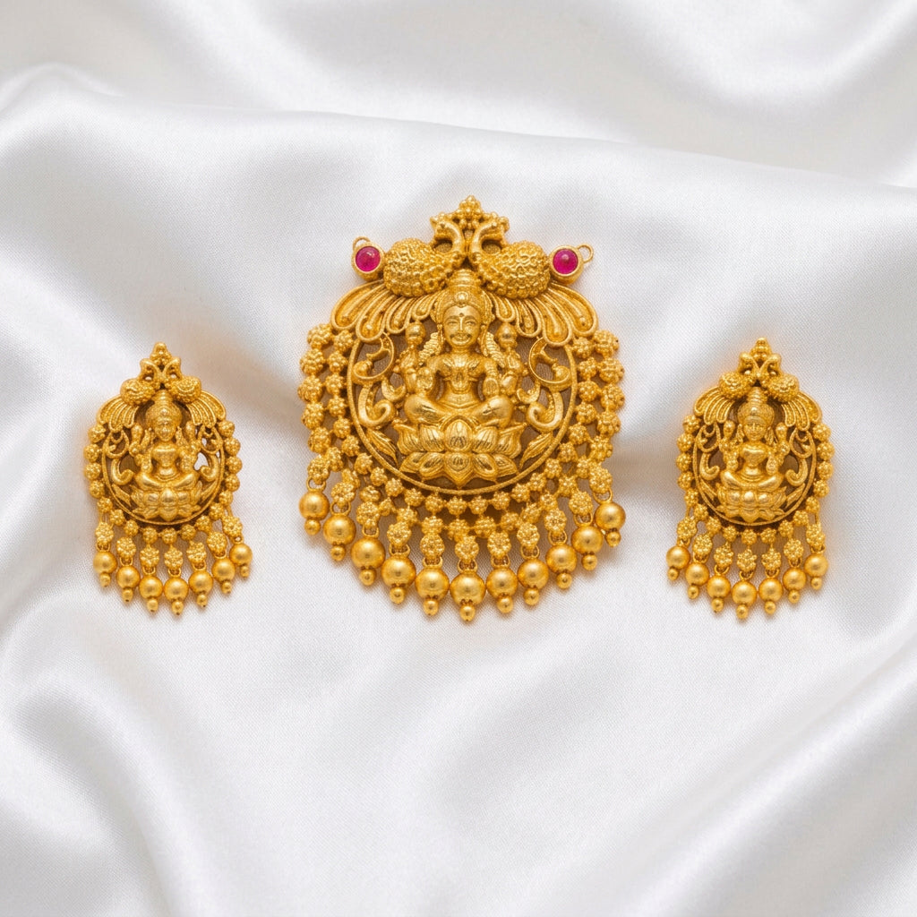 Antique Gold Lakshmi Pendant Set with Matching Earrings – Pink & Green Stone Temple Jewellery