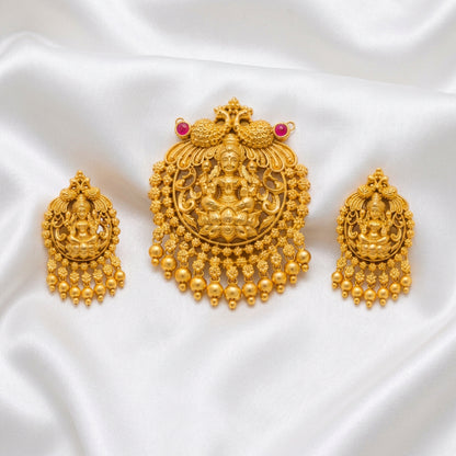 Antique Gold Lakshmi Pendant Set with Matching Earrings – Pink & Green Stone Temple Jewellery