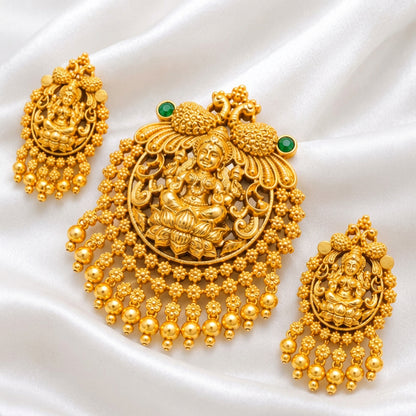 Antique Gold Lakshmi Pendant Set with Matching Earrings – Pink & Green Stone Temple Jewellery